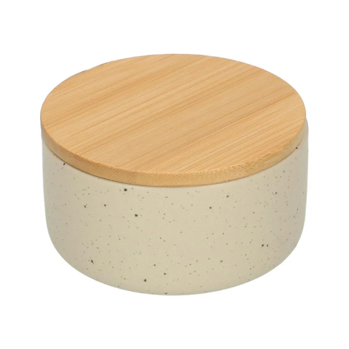 Badkameraccessoires*DILLE & KAMILLE Bakje + deksel, beige spikkel, keramiek en bamboe