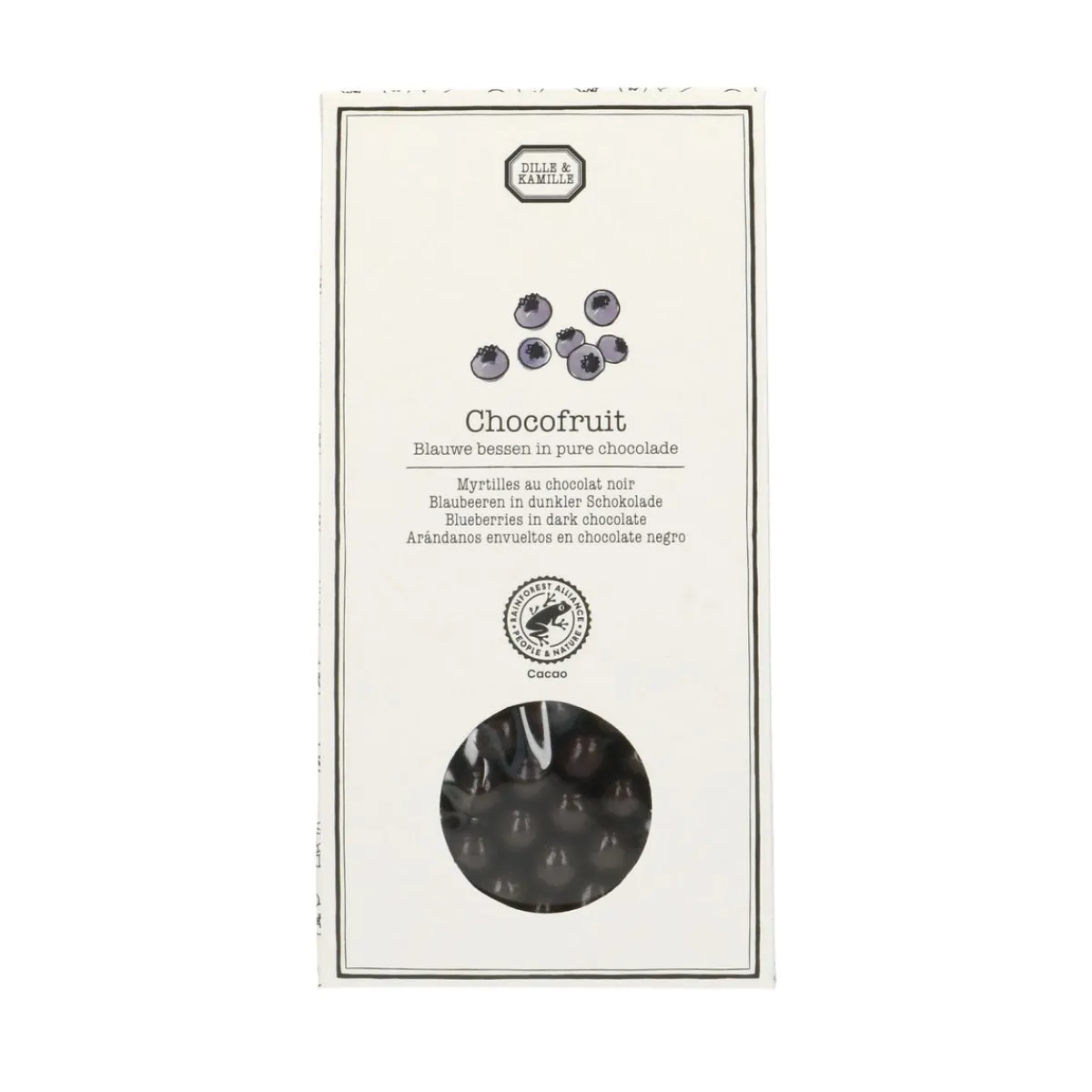 Chocolade*DILLE & KAMILLE Blauwe bessen in pure chocola, 100 gram