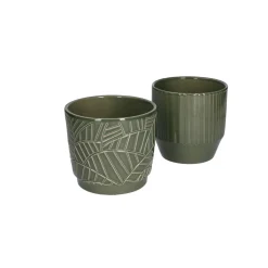Bloempotten*DILLE & KAMILLE Bloempot, aardewerk, donkergroen met palmmotief, Ø 14 cm