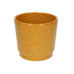 Bloempotten*DILLE & KAMILLE Bloempot, aardewerk, okergeel met palmbladmotief, Ø 14 cm