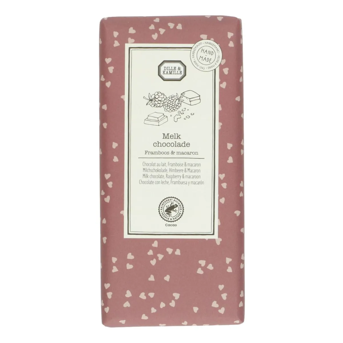 Chocolade*DILLE & KAMILLE Chocoladetablet, melk, framboos & macaron, 130 g