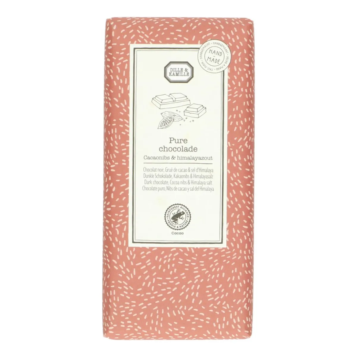 Chocolade*DILLE & KAMILLE Chocoladetablet, puur, cacaonibs & himalayazout, 130 g