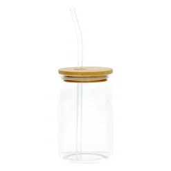 Glazen*DILLE & KAMILLE Glas met bamboe deksel en rietje, hittebestendig glas