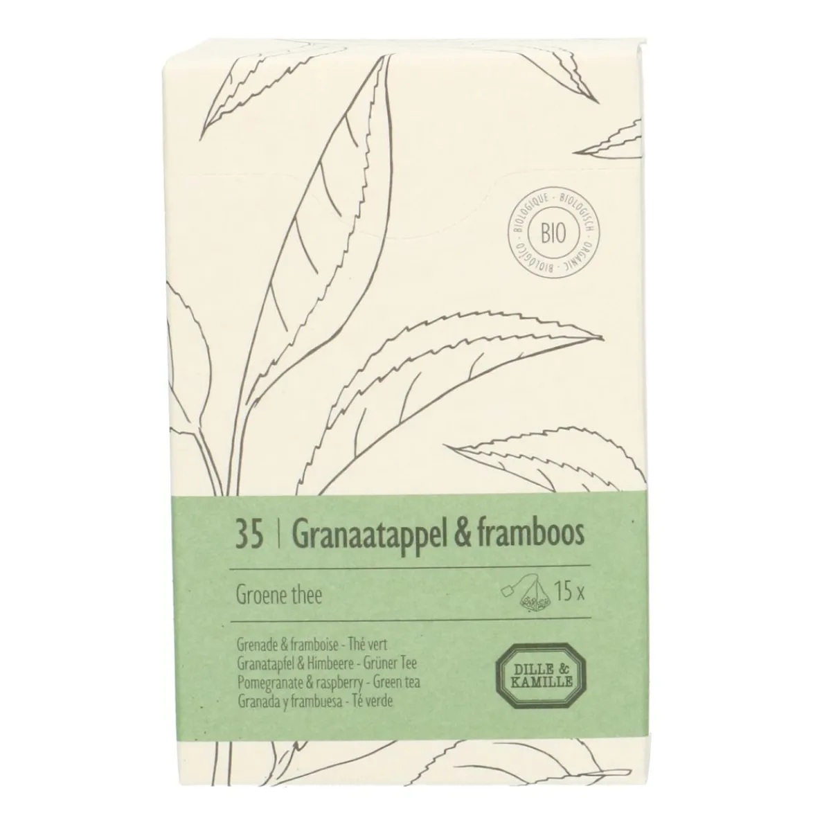 Thee*DILLE & KAMILLE Granaatappel & framboos, biologisch, groene thee, 15 theebuiltjes