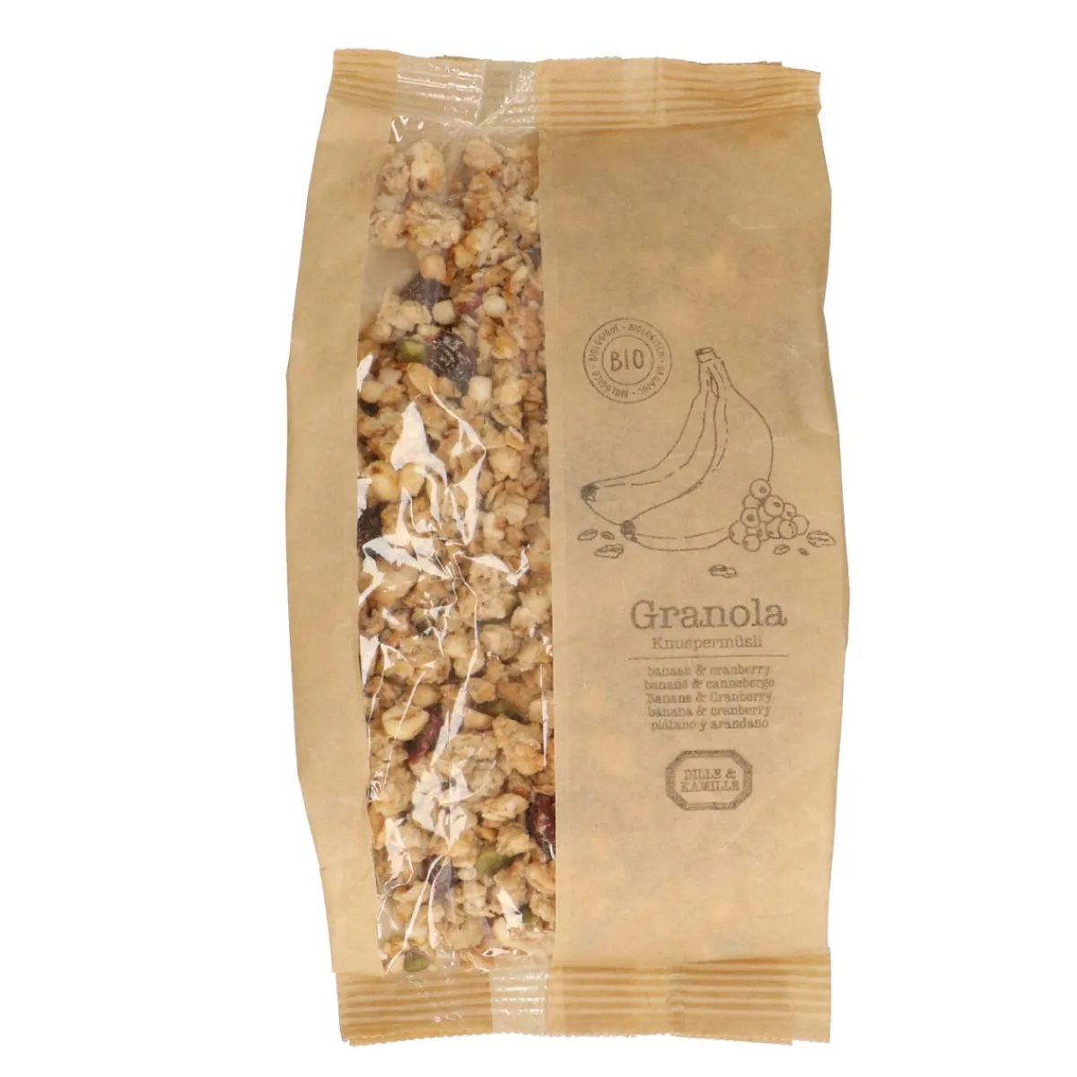 Goed Gevulde Hapjesplank|Granola*DILLE & KAMILLE Granola, biologisch, banaan en cranberry, 375 gr