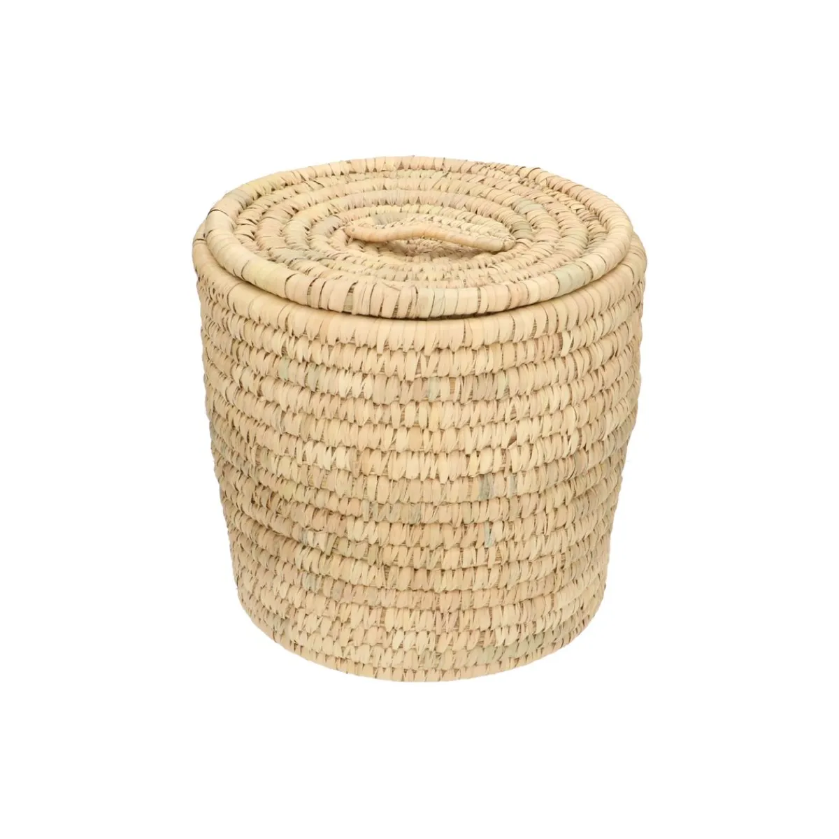 Rieten Manden*DILLE & KAMILLE Mand met deksel, rond, kansgras en dadelblad, middel