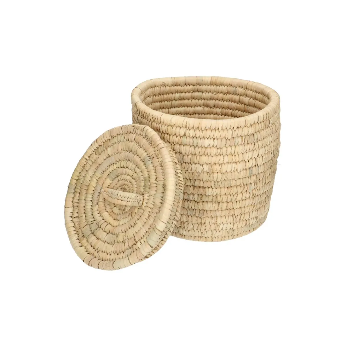 Rieten Manden*DILLE & KAMILLE Mand met deksel, rond, kansgras en dadelblad, middel