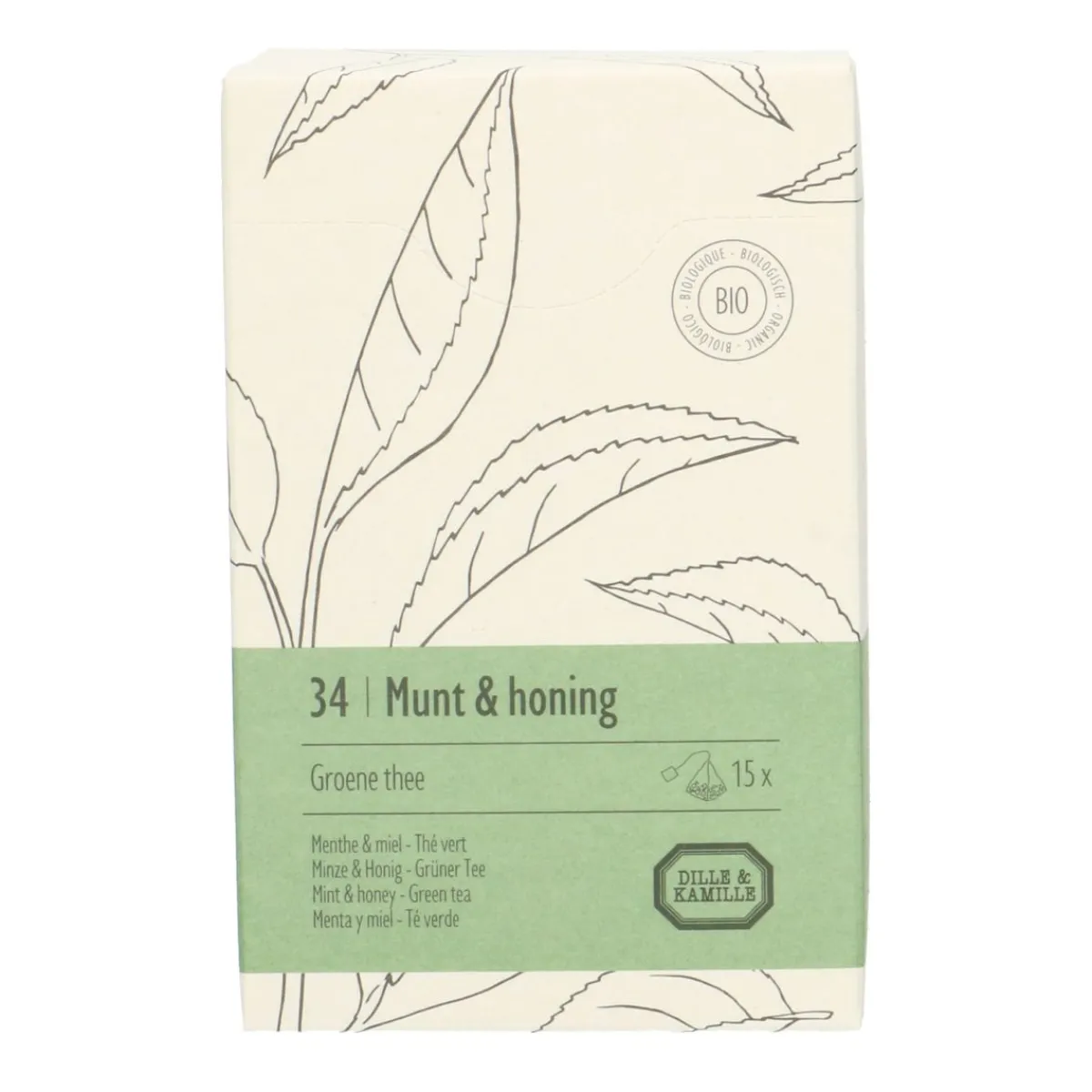 Thee*DILLE & KAMILLE Munt & honing, biologisch, groene thee, 15 theebuiltjes