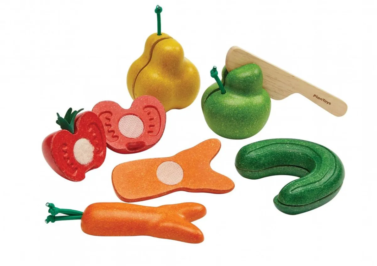 Speelgoed Voor 2 Jaar|Kinderkeuken*DILLE & KAMILLE Snijsetje krom fruit en groente, rubberhout, 18m+