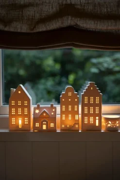 Porseleinen Huisjes|Theelichthouders*DILLE & KAMILLE Waxinelichthouder, porselein, gevelhuisje